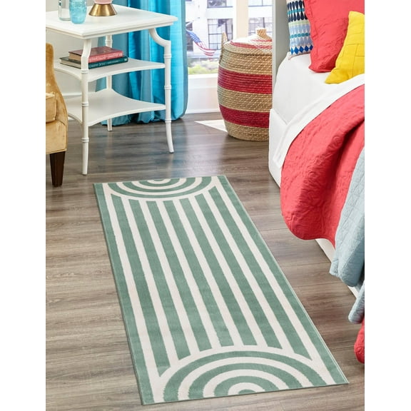 Unique Loom Whimsy Kids Collection Area Rug - Lines (2' x 8' Runner Soft Green/Ivory)