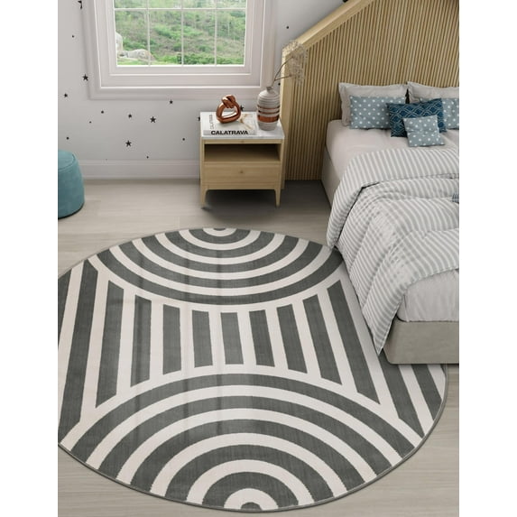 Unique Loom Whimsy Kids Collection Area Rug - Lines (3' 1" Round Silver Gray/Ivory)