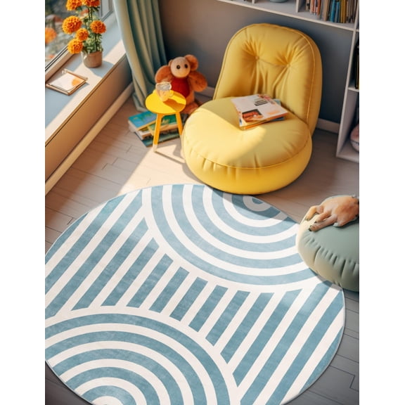 Unique Loom Whimsy Kids Collection Area Rug - Lines (3' 1" Round Sky blue/Ivory)