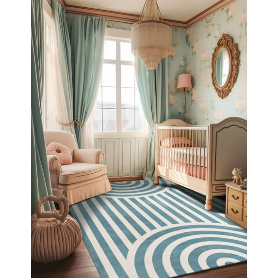 Unique Loom Whimsy Kids Collection Area Rug - Lines (5' 3" x 8' Rectangle Sky blue/Ivory)