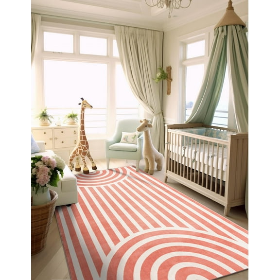 Unique Loom Whimsy Kids Collection Area Rug - Lines (5' 3" x 8' Rectangle Soft Coral Pink/Ivory)