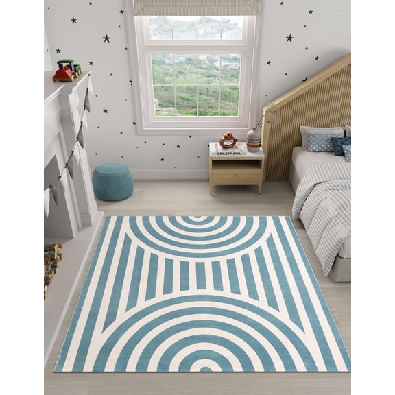 Unique Loom Whimsy Kids Collection Area Rug - Lines (7' 10" Square Sky blue/Ivory)