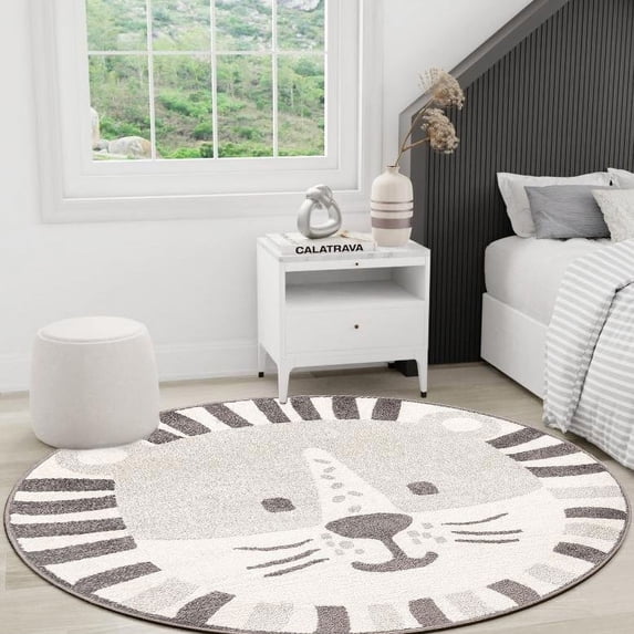 Unique Loom Whimsy Kids Collection Area Rug - Lion (3' 3" Round Gray/Black) Perfect For Kids Bed Room/Nursery Room/Living Room/Class Room/Play Room