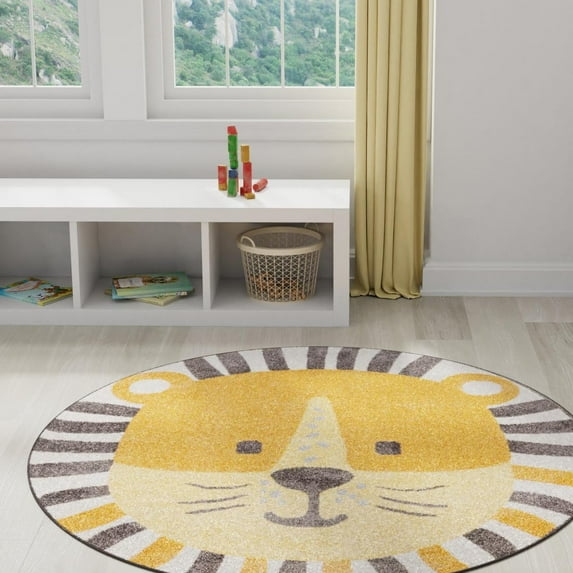 Unique Loom Whimsy Kids Collection Area Rug - Lion (3' 3" Round Light Brown/Black) Perfect For Kids Bed Room/Nursery Room/Living Room/Class Room/Play Room