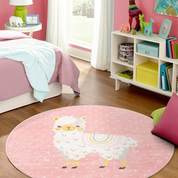Unique Loom Whimsy Kids Collection Area Rug - Llama (3' 3" Round Pink/Light Blue) Perfect For Kids Bed Room/Nursery Room/Living Room/Class Room/Play Room
