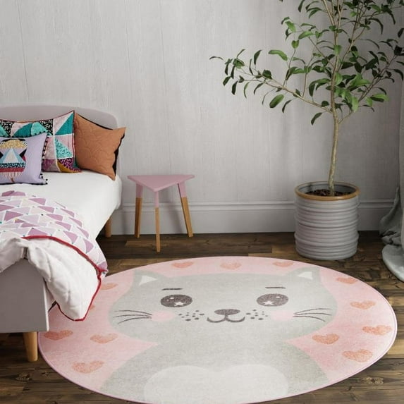 Unique Loom Whimsy Kids Collection Area Rug - Meow (5' 3" Round Pink/Gray) Perfect For Kids Bed Room/Nursery Room/Living Room/Class Room/Play Room