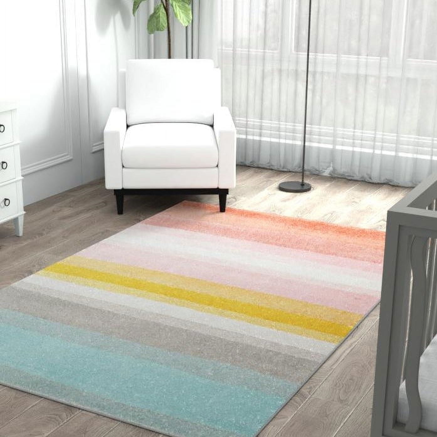 Colorful Multi Stripe Rectangular Kids Rug in Synthetic Material
