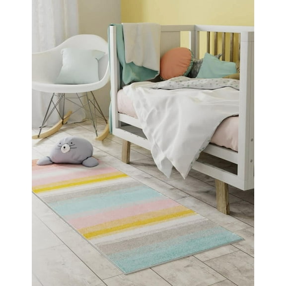Unique Loom Whimsy Kids Collection Area Rug - Pastel Abstract Rainbow (2' x 5' 3" Runner Multi/Ivory)