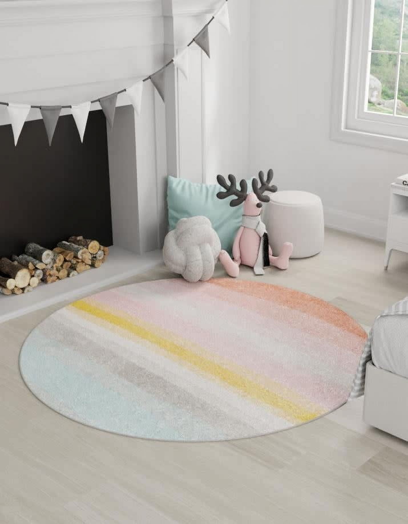 Whimsy Kids Round Ivory and Multi-Color Synthetic Rug