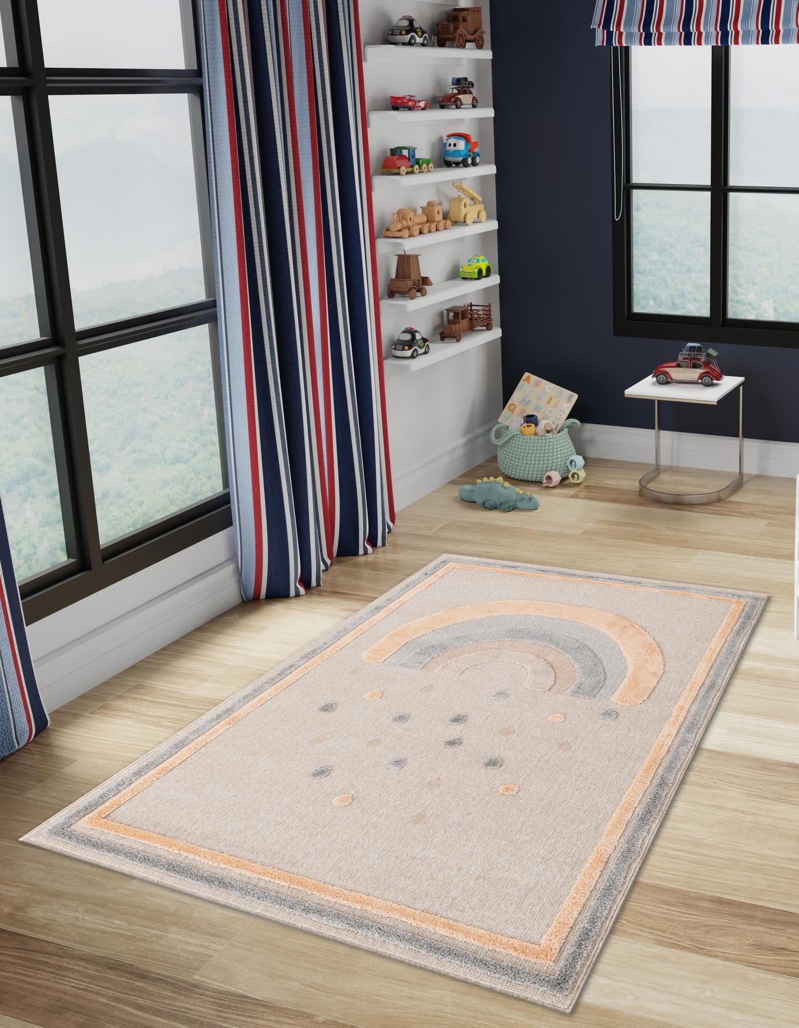 Ivory and Gray Rectangular Synthetic Kids Rug