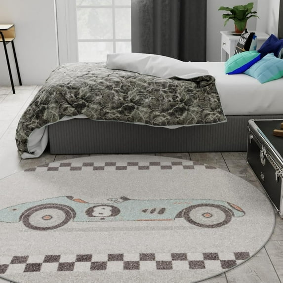 Unique Loom Whimsy Kids Collection Area Rug - Race Car (7' 10" Round Gray/Black) Perfect For Kids Bed Room/Nursery Room/Living Room/Class Room/Play Room
