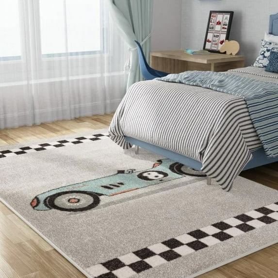 Unique Loom Whimsy Kids Collection Area Rug - Race Car (7' 10" x 10' Rectangle Gray/Black) Perfect For Kids Bed Room/Nursery Room/Living Room/Class Room/Play Room