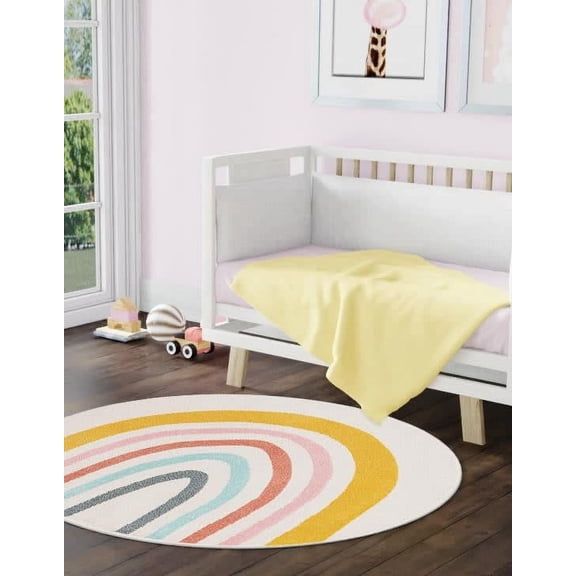 Unique Loom Whimsy Kids Collection Area Rug - Rainbow (4' 1" Round Ivory/Yellow)