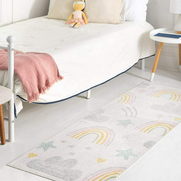 Unique Loom Whimsy Kids Collection Area Rug - Rainbow, Stars, And Clouds (2' 2" x 3' 11" Runner Ivory/Light Blue) Perfect For Kids Bed Room/Nursery Room/Living Room/Class Room/Play Room