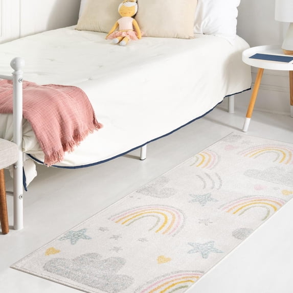 Unique Loom Whimsy Kids Collection Area Rug - Rainbow, Stars, And Clouds (2' 2" x 3' 11" Runner Ivory/Light Blue) Perfect For Kids Bed Room/Nursery Room/Living Room/Class Room/Play Room