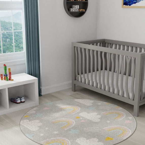 Unique Loom Whimsy Kids Collection Area Rug - Rainbow, Stars, And Clouds (3' 3" Round Gray/Ivory) Perfect For Kids Bed Room/Nursery Room/Living Room/Class Room/Play Room