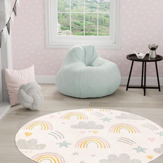 Unique Loom Whimsy Kids Collection Area Rug - Rainbow, Stars, And Clouds (5' 3" Round Ivory/Light Blue) Perfect For Kids Bed Room/Nursery Room/Living Room/Class Room/Play Room