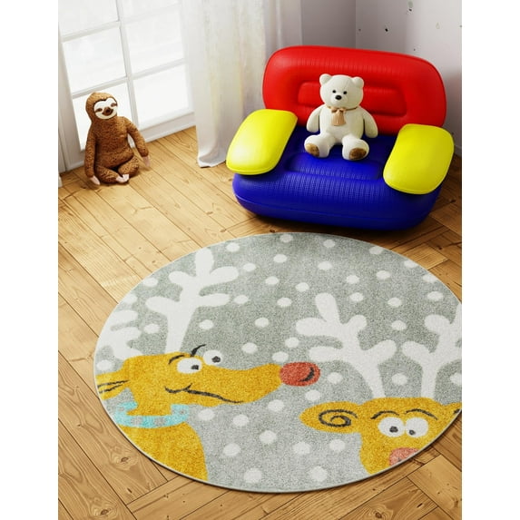 Unique Loom Whimsy Kids Collection Area Rug - Reindeers (2' 2" Round Gray/Light Blue)