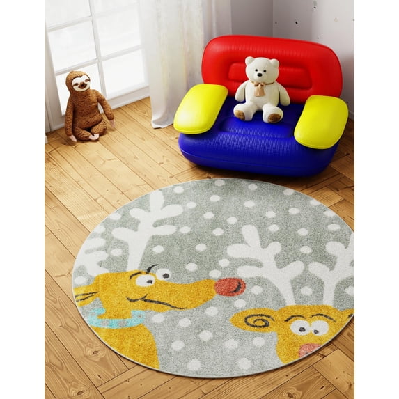 Unique Loom Whimsy Kids Collection Area Rug - Reindeers (6' 1" Round Gray/Light Blue)