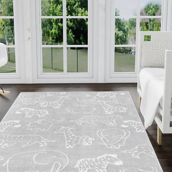 Unique Loom Whimsy Kids Collection Area Rug - Safari Animals (2' 2" x 2' 11" Rectangle Gray/Ivory) Perfect For Kids Bed Room/Nursery Room/Living Room/Class Room/Play Room