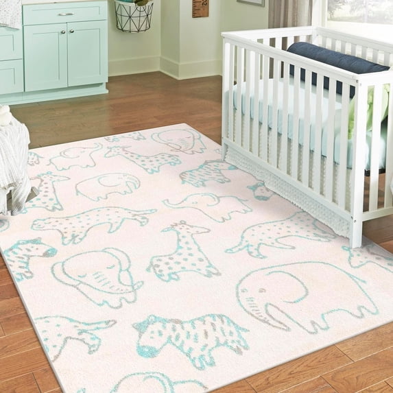 Unique Loom Whimsy Kids Collection Area Rug - Safari Animals (3' 11" x 5' 11" Rectangle Ivory/Light Blue) Perfect For Kids Bed Room/Nursery Room/Living Room/Class Room/Play Room