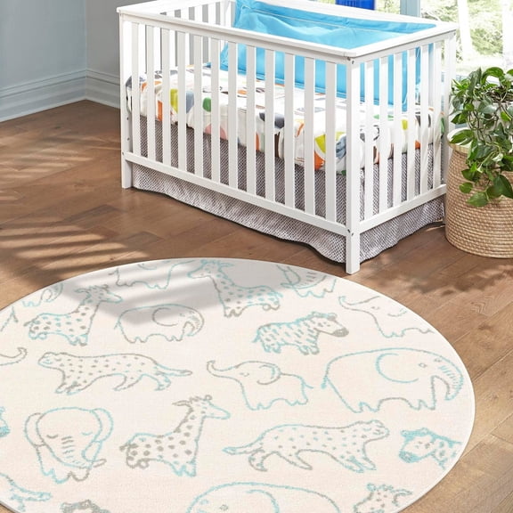 Unique Loom Whimsy Kids Collection Area Rug - Safari Animals (3' 3" Round Ivory/Light Blue) Perfect For Kids Bed Room/Nursery Room/Living Room/Class Room/Play Room