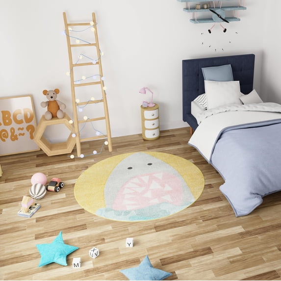 Unique Loom Whimsy Kids Collection Area Rug - Sharks (5' 1" Round Yellow/Gray)