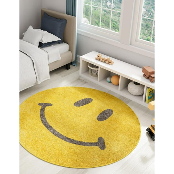 Unique Loom Whimsy Kids Collection Area Rug - Smilie (2' 2" Round Yellow/Blue)