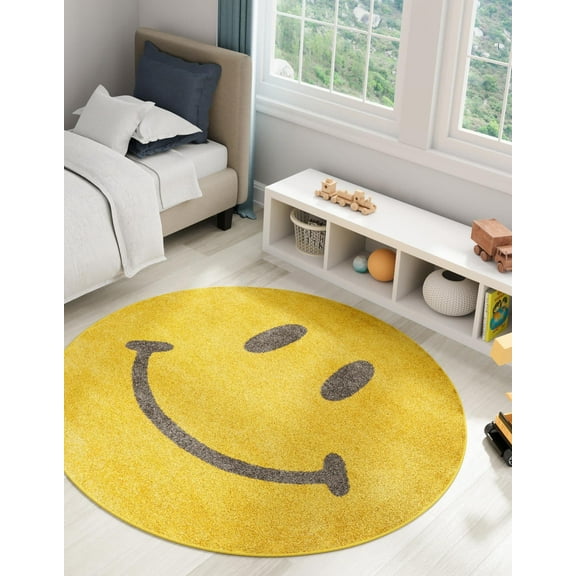Unique Loom Whimsy Kids Collection Area Rug - Smilie (3' 3" Round Yellow/Blue)