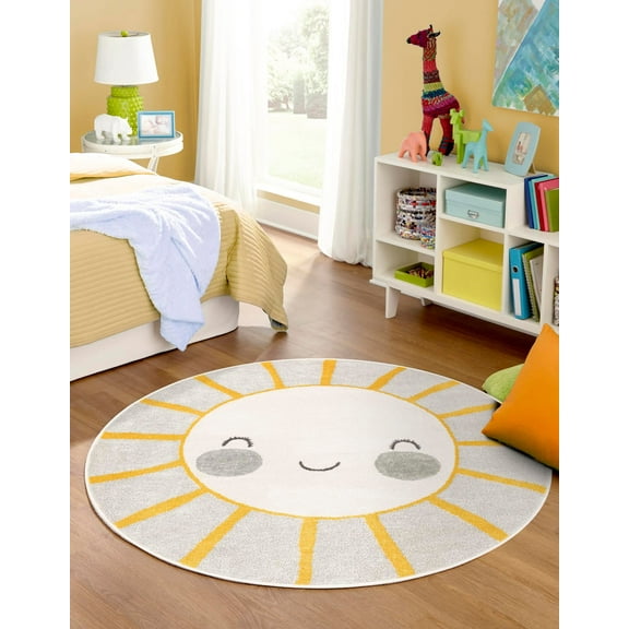 Unique Loom Whimsy Kids Collection Area Rug - Smiling Sunshine (4' 1" Round Gray/Yellow)