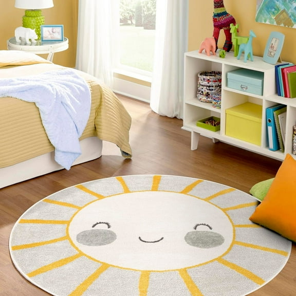 Unique Loom Whimsy Kids Collection Area Rug - Smiling Sunshine (5' 3" Round Gray/Yellow) Perfect For Kids Bed Room/Nursery Room/Living Room/Class Room/Play Room