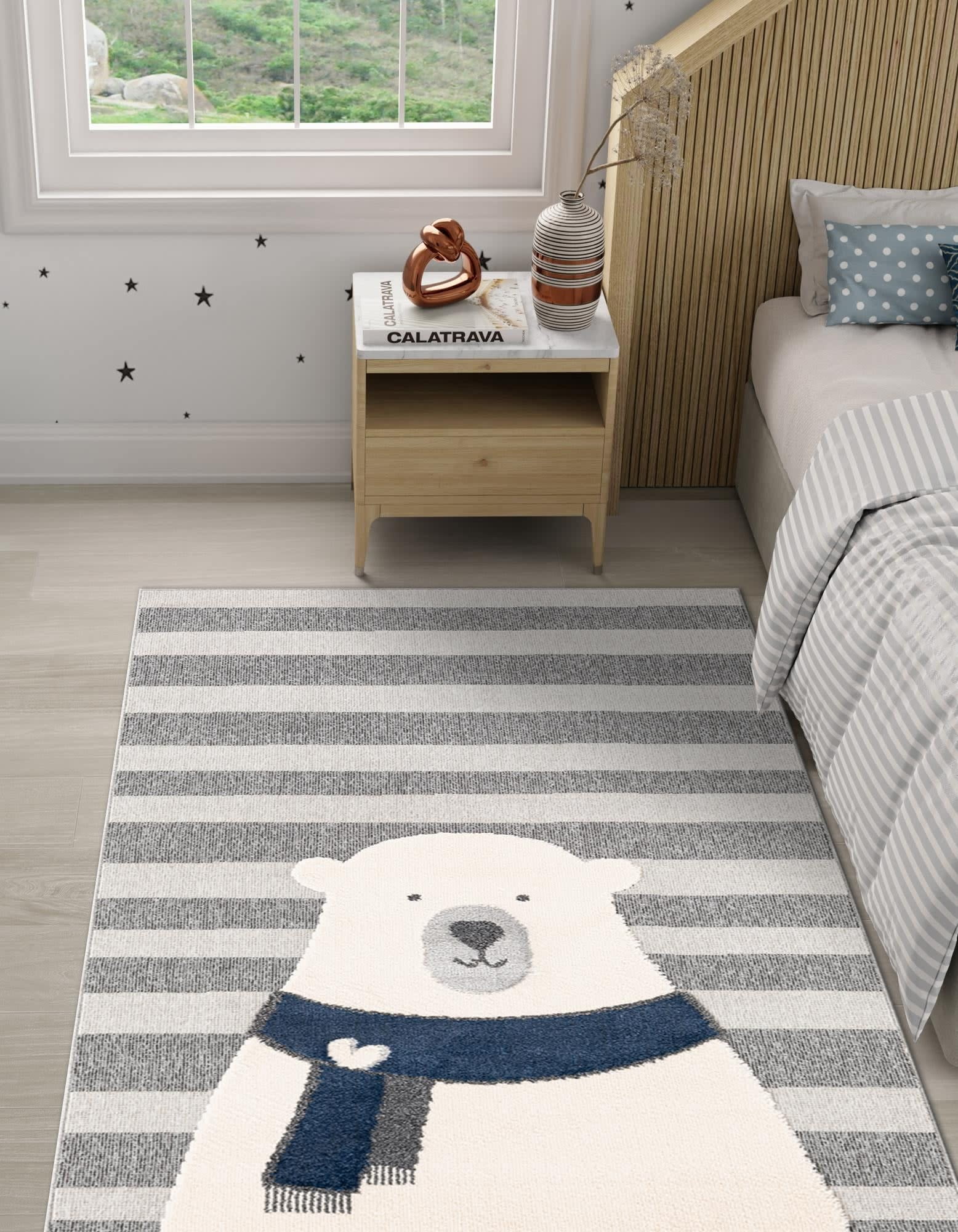 Gray and Ivory Rectangular Synthetic Kids Rug with Bear Design