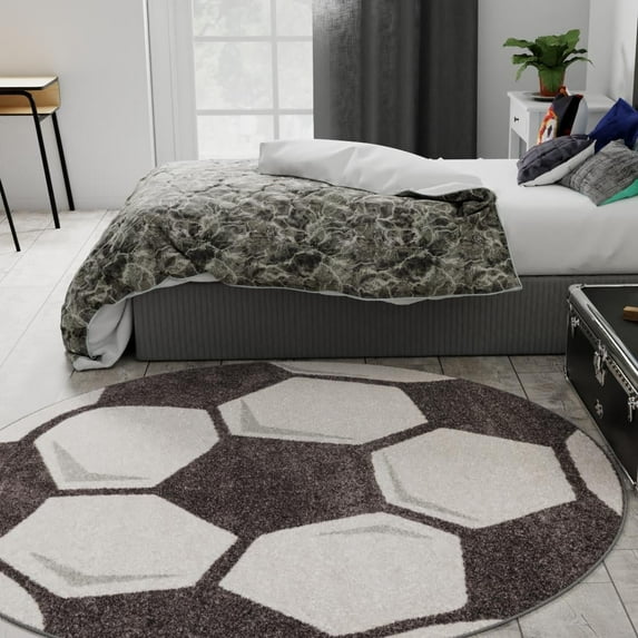 Unique Loom Whimsy Kids Collection Area Rug - Soccer Ball (5' 3" Round Black and White/Gray) Perfect For Kids Bed Room/Nursery Room/Living Room/Class Room/Play Room