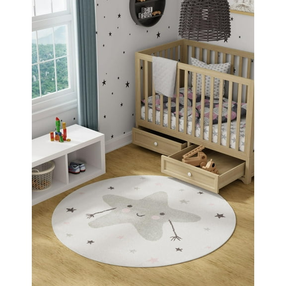 Unique Loom Whimsy Kids Collection Area Rug - Star Buddy (5' 3" Round Ivory/Gray)