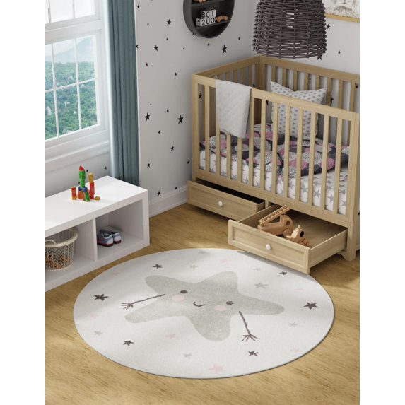 Unique Loom Whimsy Kids Collection Area Rug - Star Buddy (7' 10" Round Ivory/Gray)