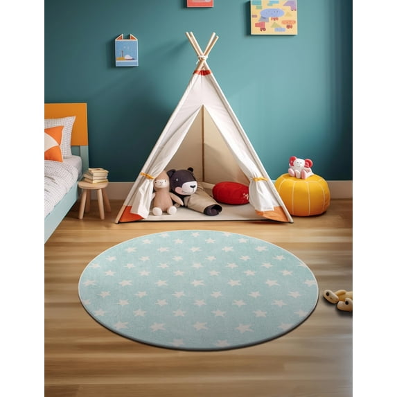Unique Loom Whimsy Kids Collection Area Rug - Stars (3' 3" Round Clear Blue/Ivory)