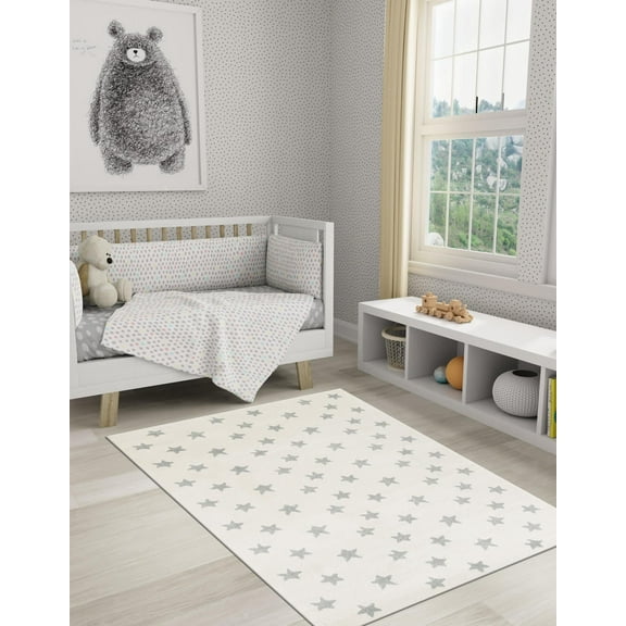 Unique Loom Whimsy Kids Collection Area Rug - Stars (4' 1" x 6' 1" Rectangle Daisy White/Ivory)
