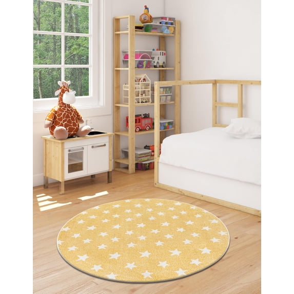 Unique Loom Whimsy Kids Collection Area Rug - Stars (5' 1" Round Soft Yellow/Ivory)