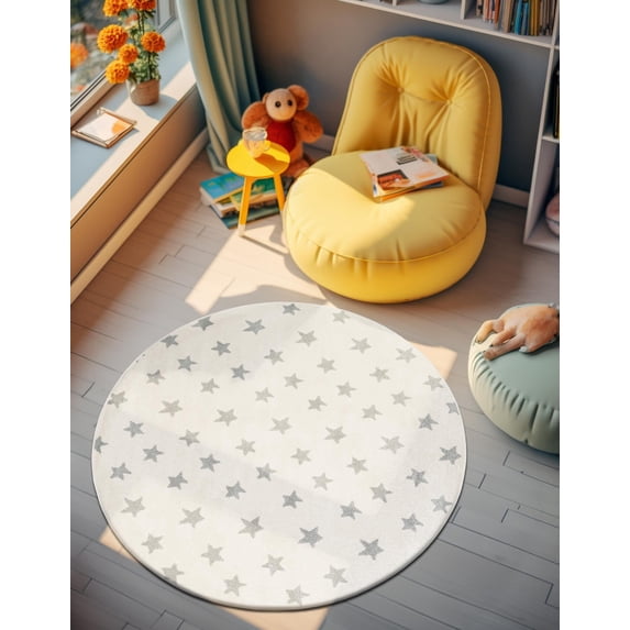 Unique Loom Whimsy Kids Collection Area Rug - Stars (6' 1" Round Daisy White/Ivory)