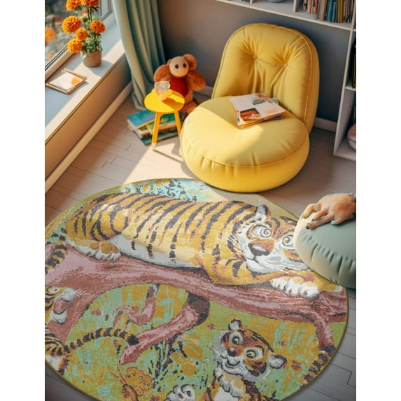 Unique Loom Whimsy Kids Collection Area Rug - Tigger (6' 1" Round Multi/Black)