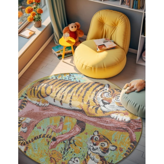 Unique Loom Whimsy Kids Collection Area Rug - Tigger (6' 1" Round Multi/Black)