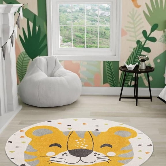 Unique Loom Whimsy Kids Collection Area Rug - Tommy (5' 3" Round Ivory/Yellow) Perfect For Kids Bed Room/Nursery Room/Living Room/Class Room/Play Room