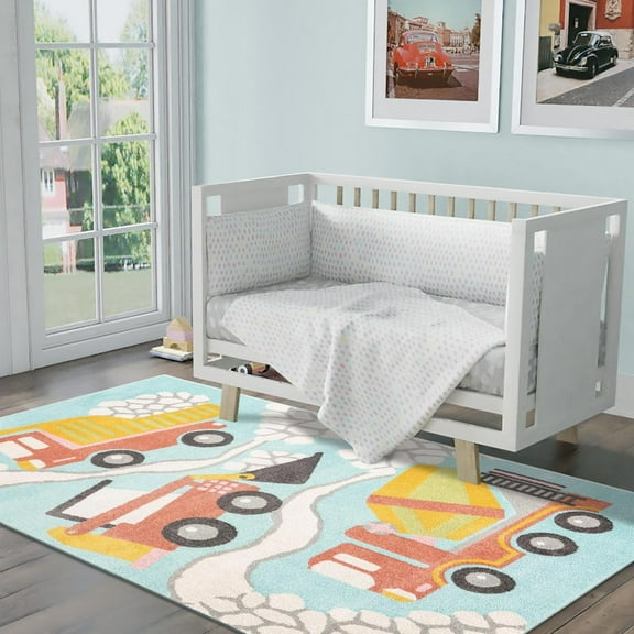 Unique Loom Whimsy Kids Collection Area Rug - Trucks (2' 2" x 2' 11" Rectangle Teal/Ivory) Perfect For Kids Bed Room/Nursery Room/Living Room/Class Room/Play Room