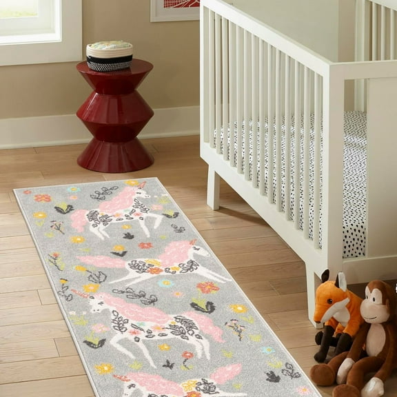 Unique Loom Whimsy Kids Collection Area Rug - Unicorns (2' 2" x 3' 11" Runner Gray/Black) Perfect For Kids Bed Room/Nursery Room/Living Room/Class Room/Play Room
