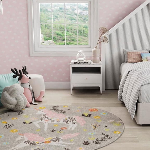 Unique Loom Whimsy Kids Collection Area Rug - Unicorns (5' 3" Round Gray/Black) Perfect For Kids Bed Room/Nursery Room/Living Room/Class Room/Play Room