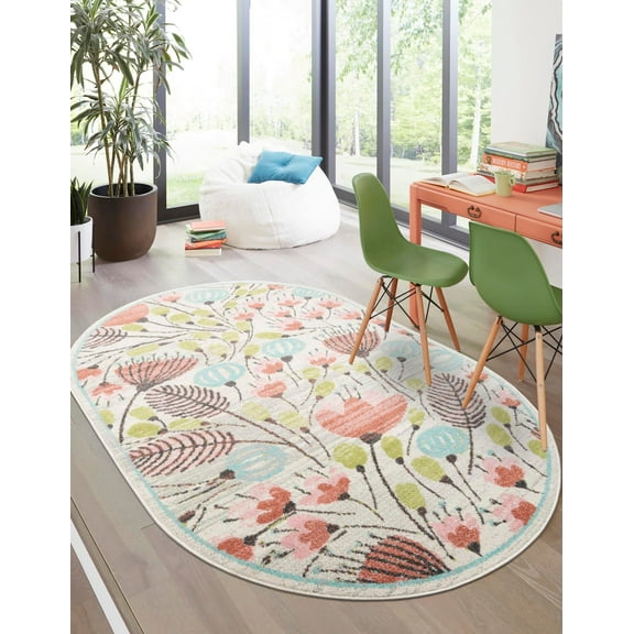 Unique Loom Whimsy Kids Collection Area Rug - Wildflowers (2' 2" x 3' 1" Oval Ivory/Light Blue)