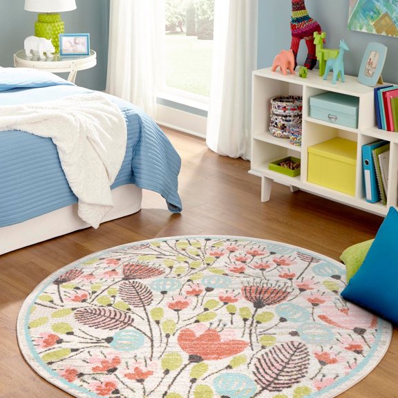Unique Loom Whimsy Kids Collection Area Rug - Wildflowers (3' 3" Round Ivory/Light Blue) Perfect For Kids Bed Room/Nursery Room/Living Room/Class Room/Play Room