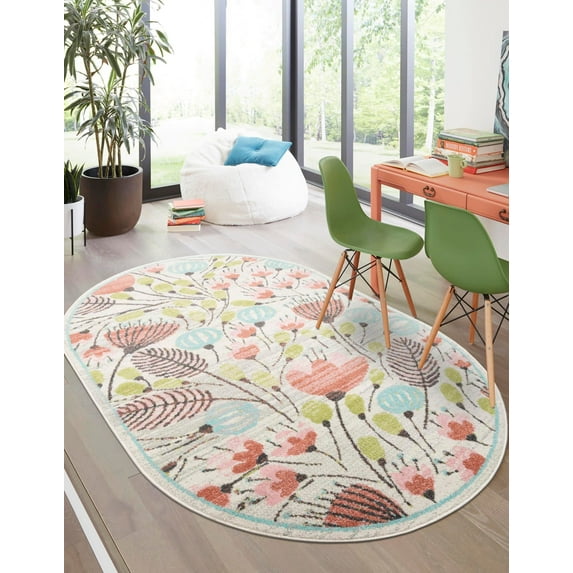 Unique Loom Whimsy Kids Collection Area Rug - Wildflowers (3' 3" x 5' 3" Oval Ivory/Light Blue)