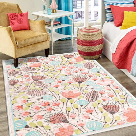 Unique Loom Whimsy Kids Collection Area Rug - Wildflowers (5' 3" x 8' Rectangle Ivory/Light Blue) Perfect For Kids Bed Room/Nursery Room/Living Room/Class Room/Play Room