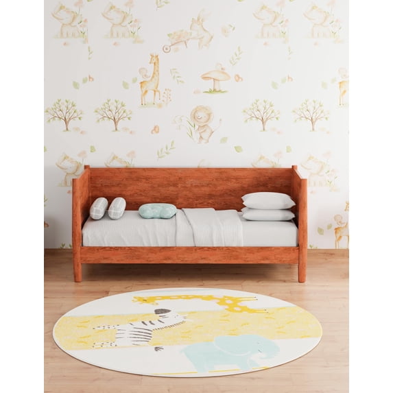 Unique Loom Whimsy Kids Collection Area Rug - Wildlife (5' 3" Round Ivory/Light Blue)